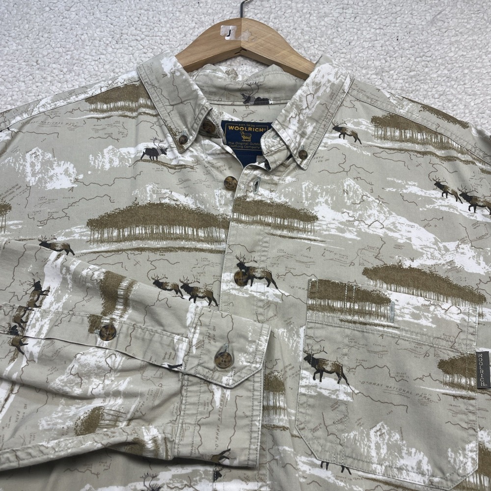 Woolrich Button Down Mens XL Tan Elk Map Print Kootenay National Park Shirt L/S‎